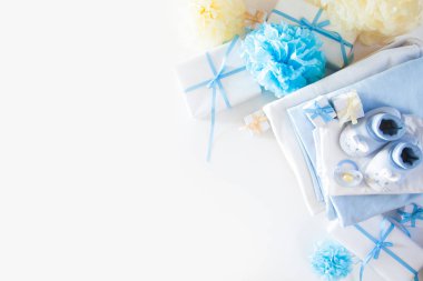 Onun bir çocuk, mavi tema bebek duş veya kreş arka plan ile Dec