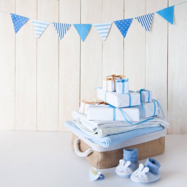 Onun bir çocuk, mavi tema bebek duş veya kreş arka plan ile Dec