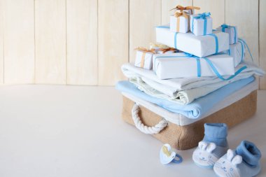 Onun bir çocuk, mavi tema bebek duş veya kreş arka plan ile Dec