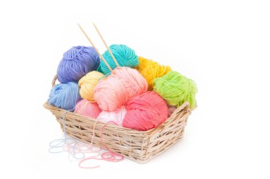 Color yarn for knitting in the basket. Knitting needles. Isolate clipart