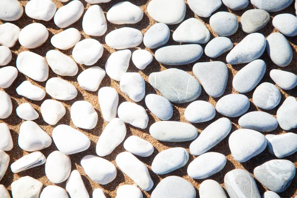 White pebble stones lie on a sandy background.