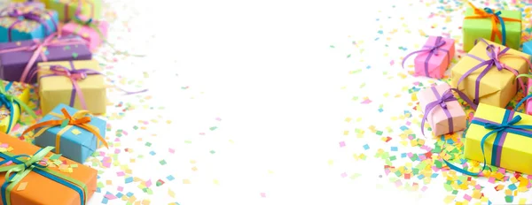 Цветные Подарочные Коробки Красочными Лентами Белый Фон Длинный Фон — стоковое фото