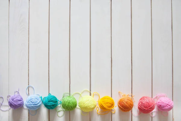 Bolas Fios Coloridos Vista Cima Todas Cores Arco Íris Tricotar — Fotografia de Stock