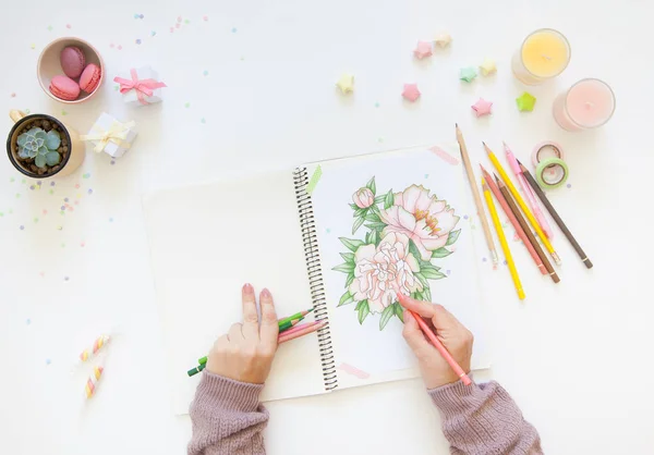 Desenho esboço com lápis de cor. peônias flores. Velas, g — Fotografia de Stock