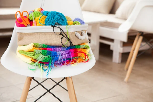 Women Hobby Needlework Crocheting Knitting Bright Yarn Basket Concept Women — Stock Photo, Image