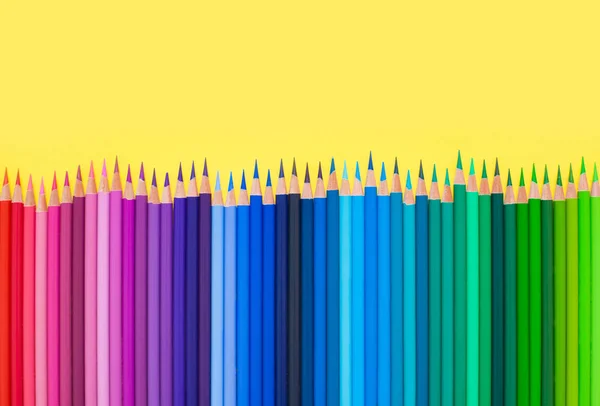 Colorful Bright Pencils Drawing Pictures Sketches White Yellow Background Top — Stock Photo, Image