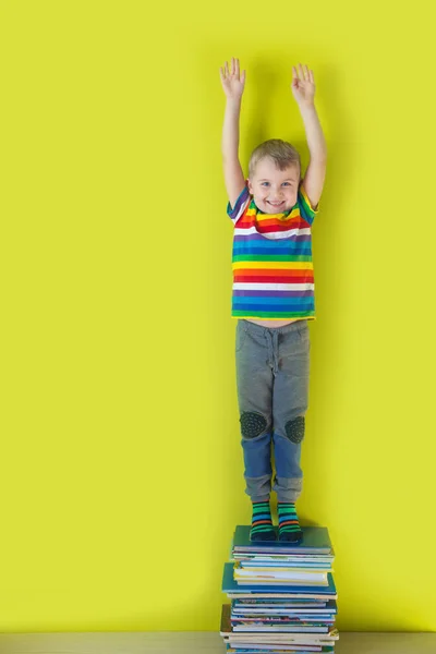 Un gioioso bambino sorridente è in piedi su una pila di bo per bambini — Foto Stock
