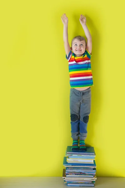 Un gioioso bambino sorridente è in piedi su una pila di bo per bambini — Foto Stock