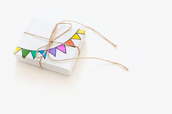 Colored Gift Boxes Jute Rope White Background Gifts Party Birthday — Stock Photo, Image