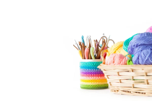 Yarn balls for knitting and hooks, knitting needles. — Stock Photo, Image