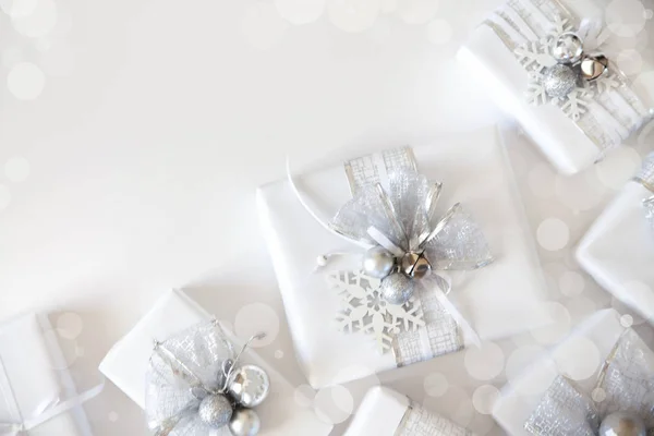 Christmas Presents Gift Box White Background Bokeh Stock Photo