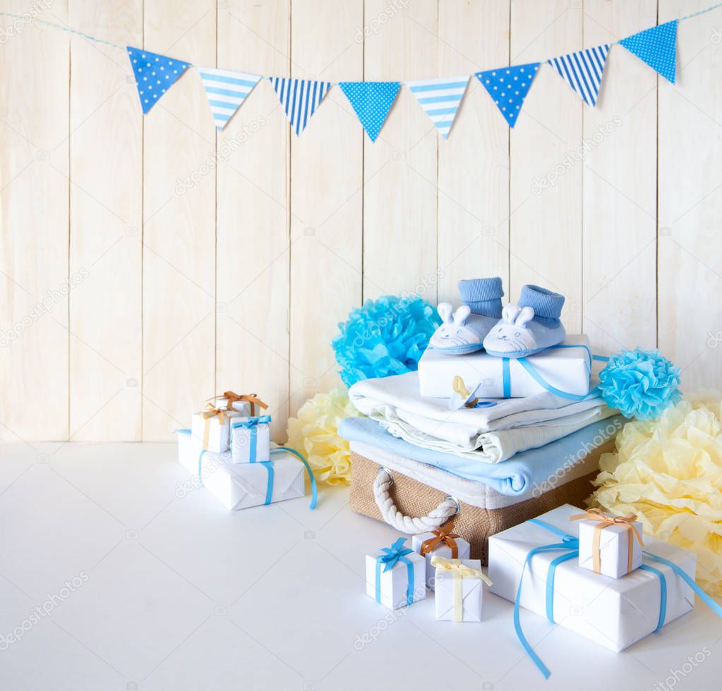 Its a boy, blue theme Baby Shower or Nursery background with dec