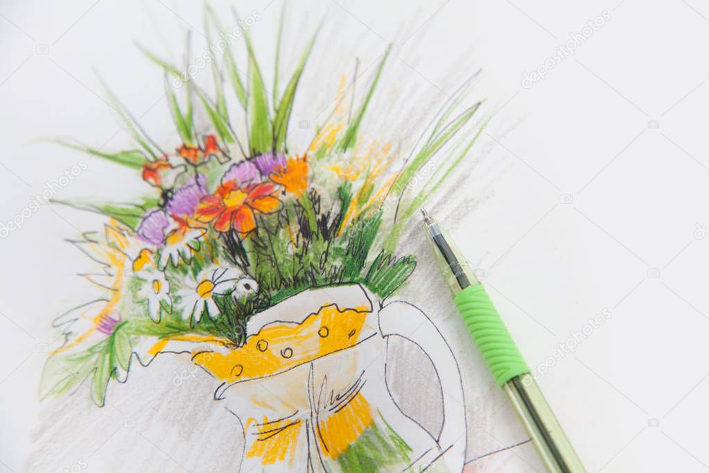 Picture / sketch of a bouquet of wildflowers in a transparent va