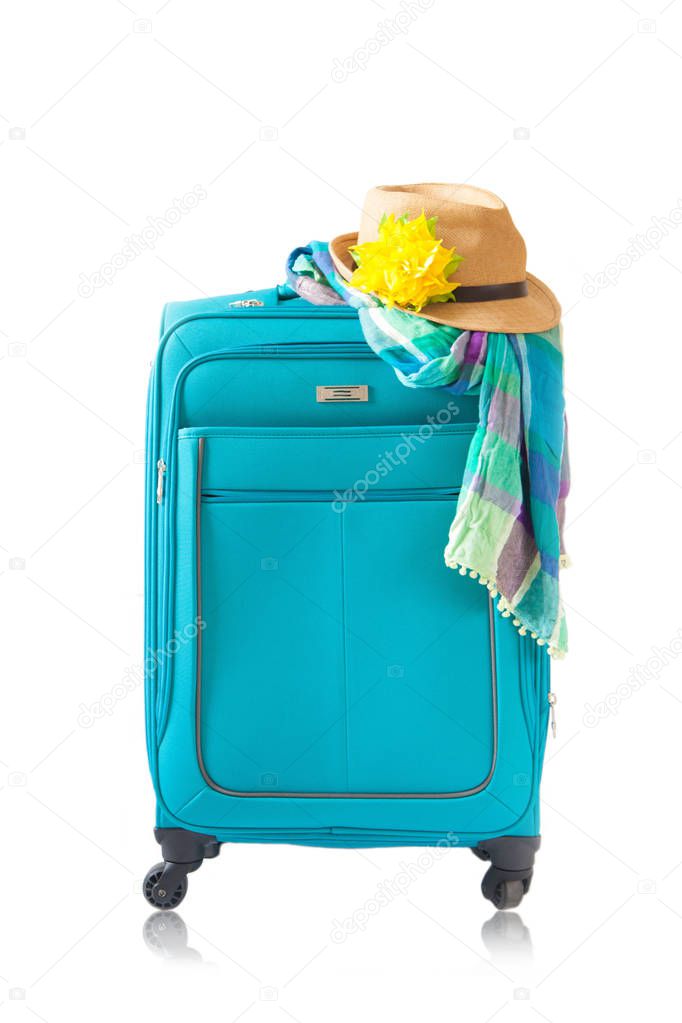 Color travel suitcase. Suitcase Packed to Vacation