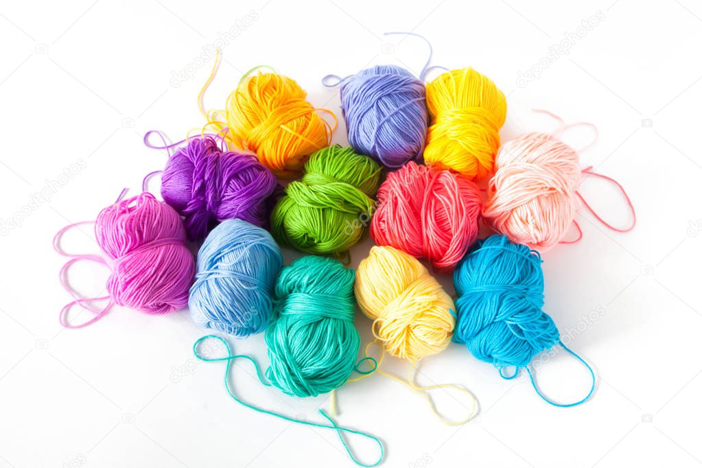 Colored balls of yarn. View from above. Rainbow colors. All colo