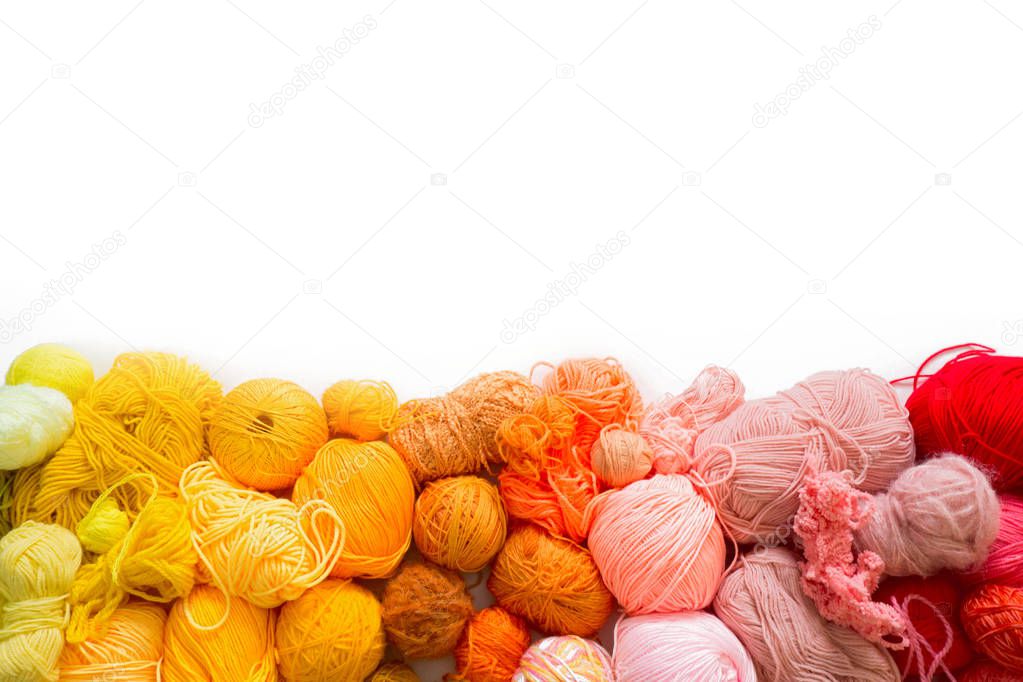 Colored balls of yarn. View from above. Rainbow colors. All colo