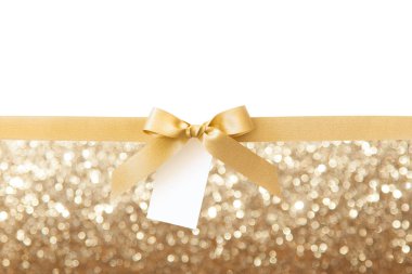 Beyaz ve altın parlak sırt bir hediye olarak bir yay ile Altın kurdele