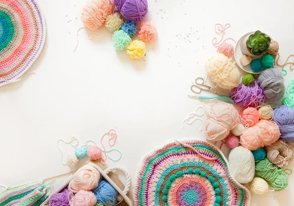 Colored balls of yarn. View from above. Rainbow colors. All colors. Yarn for knitting. Skeins of yarn.