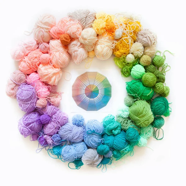 Color wheel of yarn. Rainbow and spectrum. White background. Thr