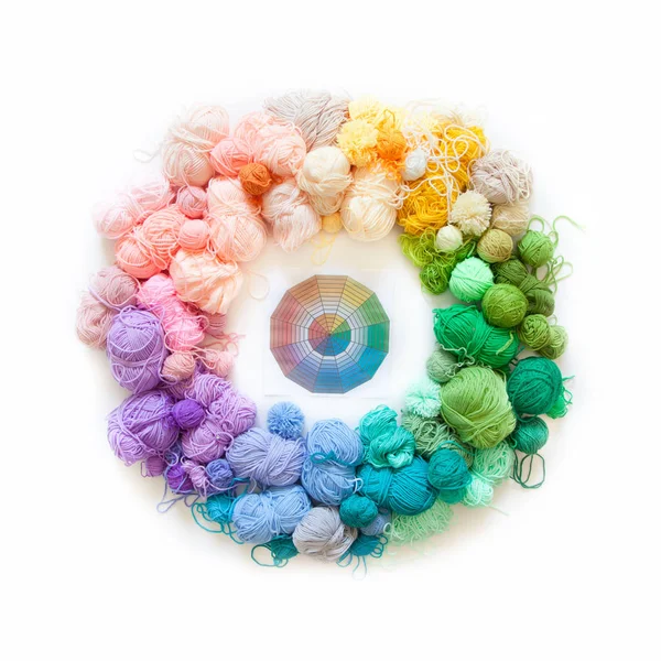 Color wheel of yarn. Rainbow and spectrum. White background. Thr