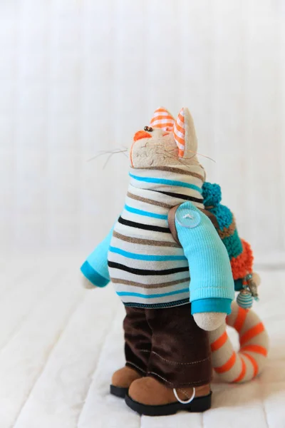 Handmade toy. Doll of textiles, fabrics and yarn. Cat sewn by ha