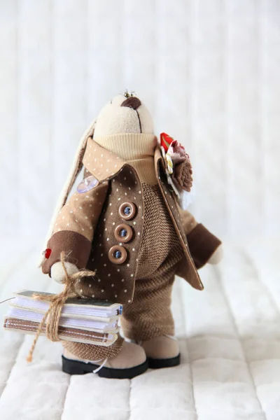 Handmade toy with books. Doll of textiles, fabrics and yarn. Rab