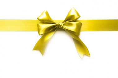 Beyaz arka planda hediye olarak bir yay ile Altın kurdele