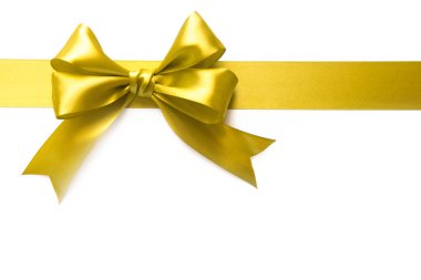 Beyaz arka planda hediye olarak bir yay ile Altın kurdele