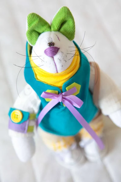 Handmade toy. Doll of textiles, fabrics and yarn. Cat sewn by ha