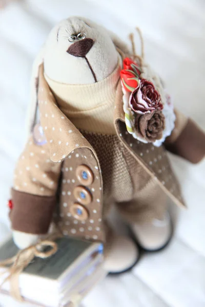 Handmade toy with books. Doll of textiles, fabrics and yarn. Rab