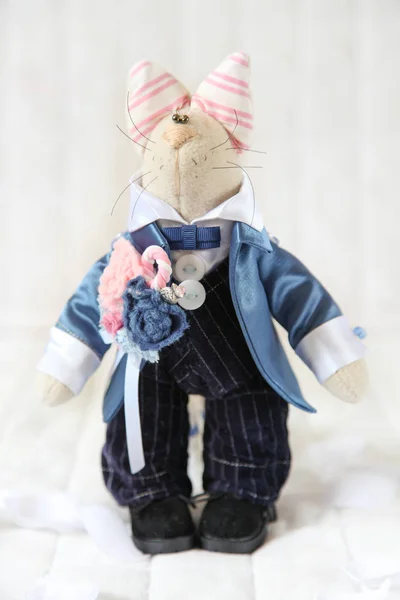 Handmade toy. Doll of textiles, fabrics and yarn. Cat sewn by ha