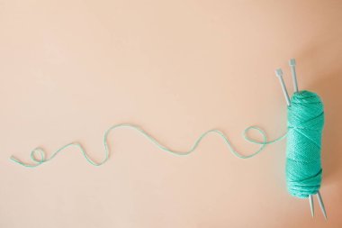 Renkli iplik topları ve örgü iğnelerinin üst görüntüsü. Mercan Yaşamı