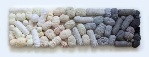 Many Skeins Balls Yarn Knitting Natural Neutral Colors Shades Colorless — Stock Photo, Image