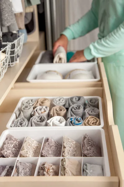 Kimliği belirlenemeyen temiz ev hanımı, modern depolama sistemi tarafından genel temizlik sırasında gardırop çekmecesine çorap ve külotlu çorap konteynırı koyar. Güzel ve rahat organizasyon kavramı