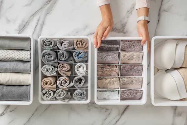 Woman Hands Placing Wardrobe Drawer Organizers Full Folded Underwears Sock — Stock Photo, Image