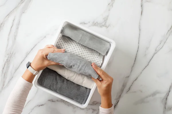 Woman Hands Neatly Folding Underwears Sorting Drawer Organizers White Marble — Stock Photo, Image