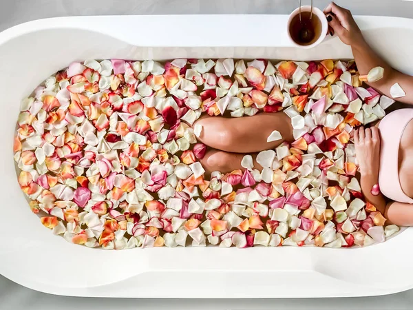 Jeune Belle Fille Trouve Dans Bain Avec Des Pétales Roses — Photo