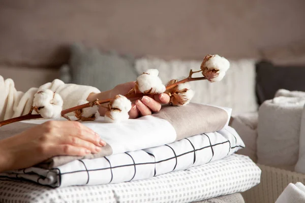 Well groomed woman hands holding the cotton branch with pile of neatly folded bed sheets, blankets and towels. Production of natural textile fibers. Manufacture. Organic product.