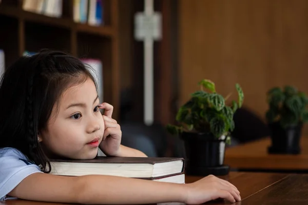 Cute Girl Sitting Room Feeling Tired Headache Children Concept Education — Stock Photo, Image