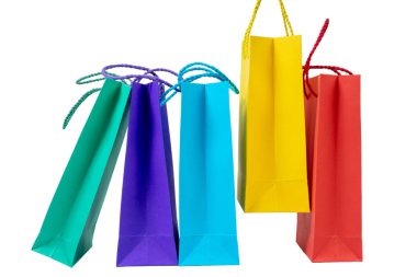 Renkli alışveriş çantası ve beyaz arka plan, alışveriş konsepti, izole konsept