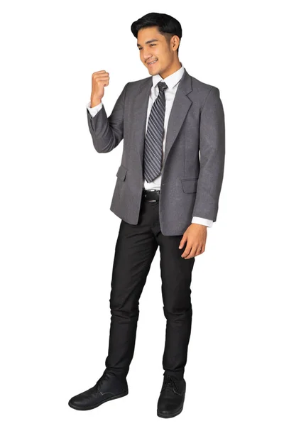 Szczęśliwy Młody Biznesmen Stojący Ramię Garniturze Białym Tle Odosobniona Koncepcja — Zdjęcie stockowe