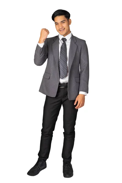 Happy Young Businessman Standing Arm Suit White Background Isolated Concept — Stock Photo, Image