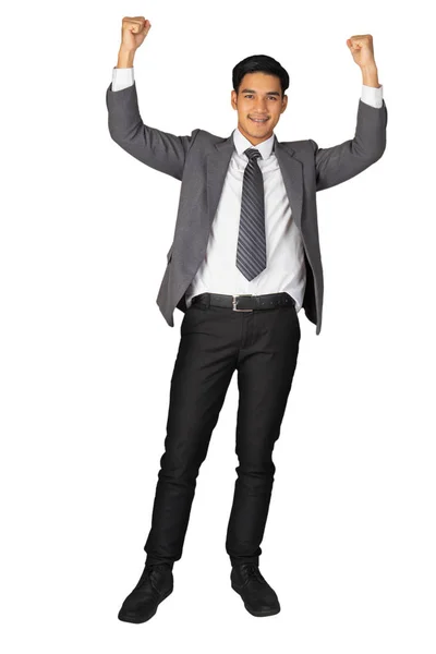 Happy Young Businessman Standing Arm Suit White Background Isolated Concept — Stock Photo, Image