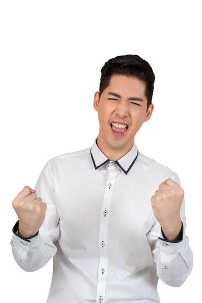 Feliz Joven Empresario Pie Brazo Traje Sobre Fondo Blanco Concepto —  Fotos de Stock