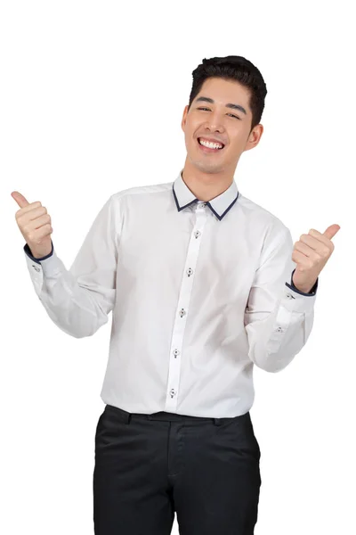 Happy Young Businessman Show Thumb Suit Looking Camera White Background — Stock Photo, Image