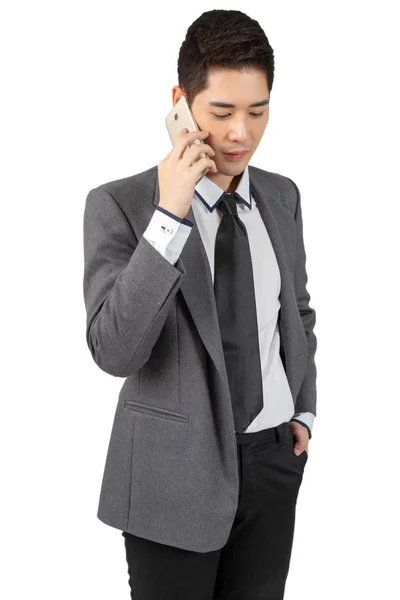 Feliz Joven Hombre Negocios Que Trabaja Con Teléfono Inteligente Traje — Foto de Stock