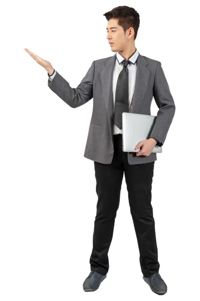 Happy Young Businessman Looking Hand Hold Laptop Suit White Background — Stock Photo, Image