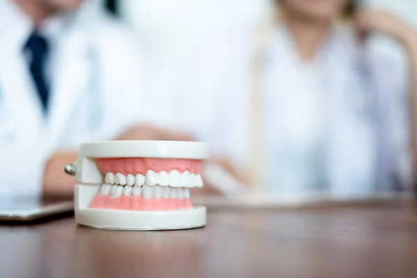 Modelo de dientes behide médico dentista en uniforme blanco con t dental —  Fotos de Stock