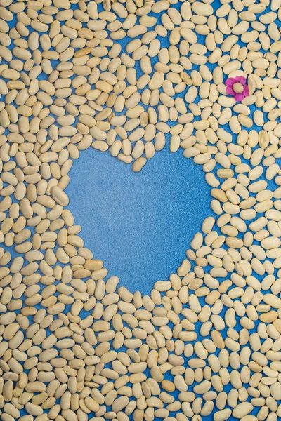 Mavi arkaplanda kalp şeklinde beyaz fasulyeler, metin için kopyalama alanı