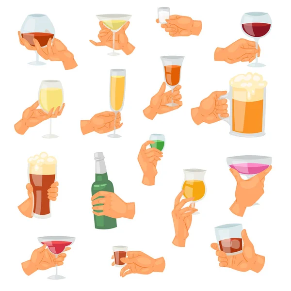 Dryck i handen vektor dricker alkoholhaltiga cocktail tequila martini eller alkoholfria öl i mugg illustration uppsättning lämna glas drickbar alkohol isolerad på vit bakgrund — Stock vektor